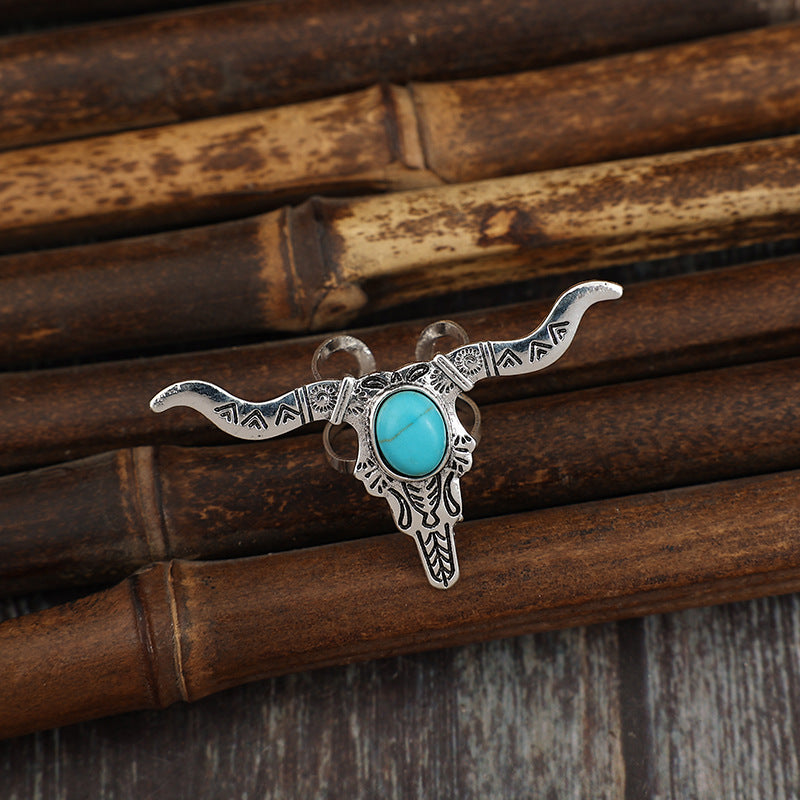 Wholesale Retro ethnic style bull head carved inlaid turquoise alloy ring